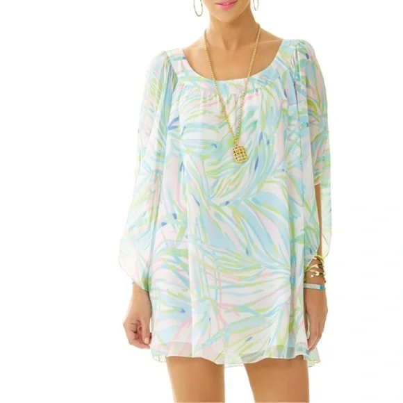 Lilly Pulitzer Silk Marietta Caftan Mini Dress in Salute Print Bell Sleeve Sz M - Picture 16 of 16